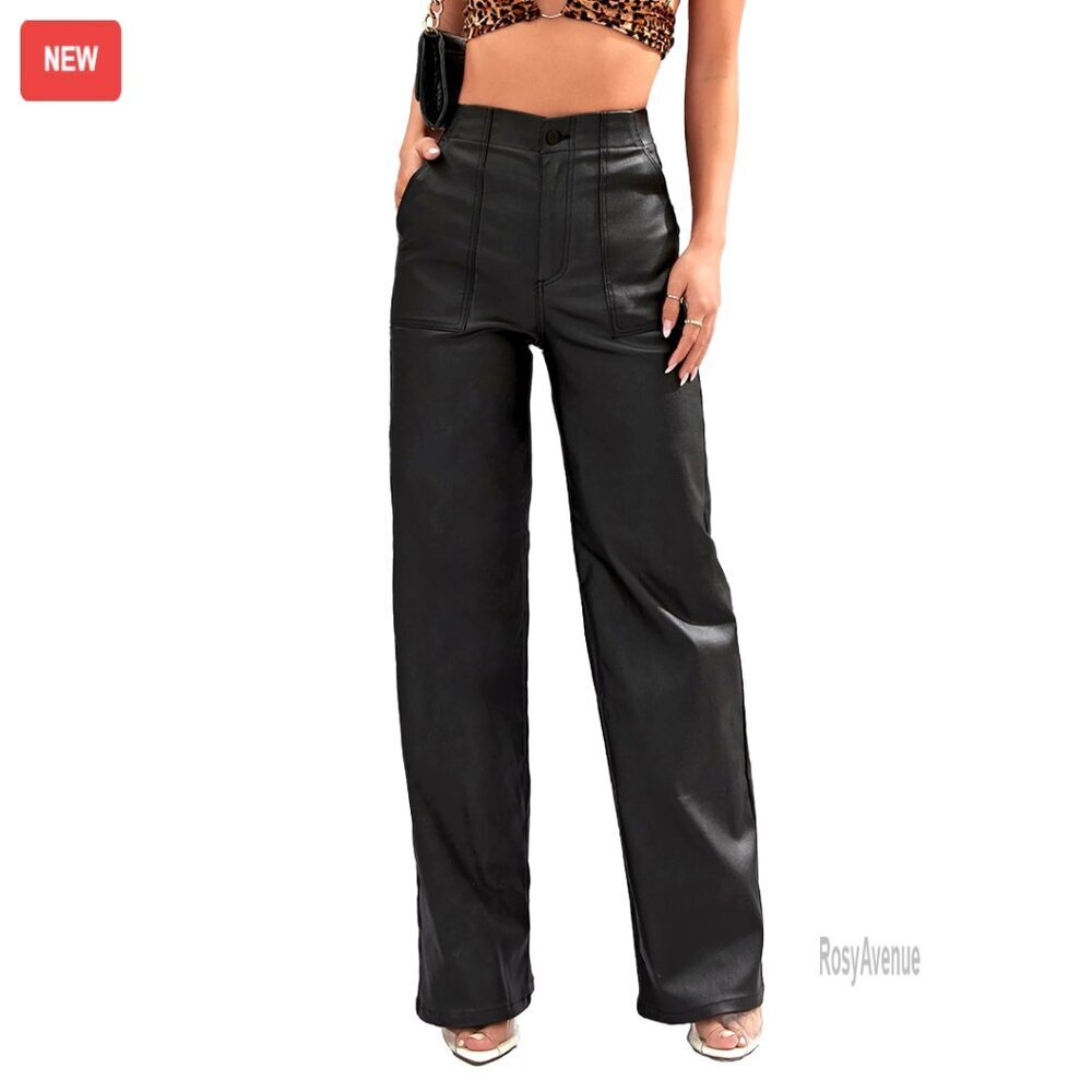 High Waist Faux Leather Wide Leg Pants with Pockets Stretch PU Material